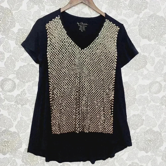 Chico's Women's Blouse Size 1/M Tunic High low Sequins Short sleeve 3496C - Picture 1 of 7